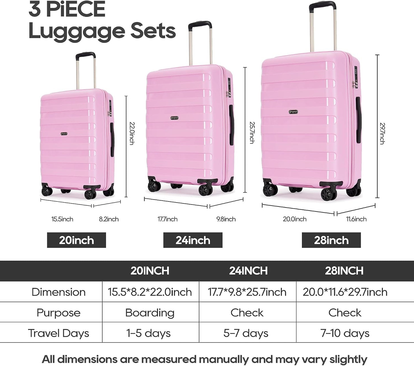 PP material 3-piece expandable luggage sets with Spinner Wheels， Suitcase with TSA Lock，Large Luggage for Family Travel carry on 20/24/28，Light pink color