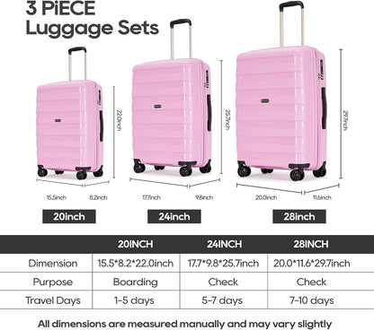 PP material 3-piece expandable luggage sets with Spinner Wheels， Suitcase with TSA Lock，Large Luggage for Family Travel carry on 20/24/28，Light pink color