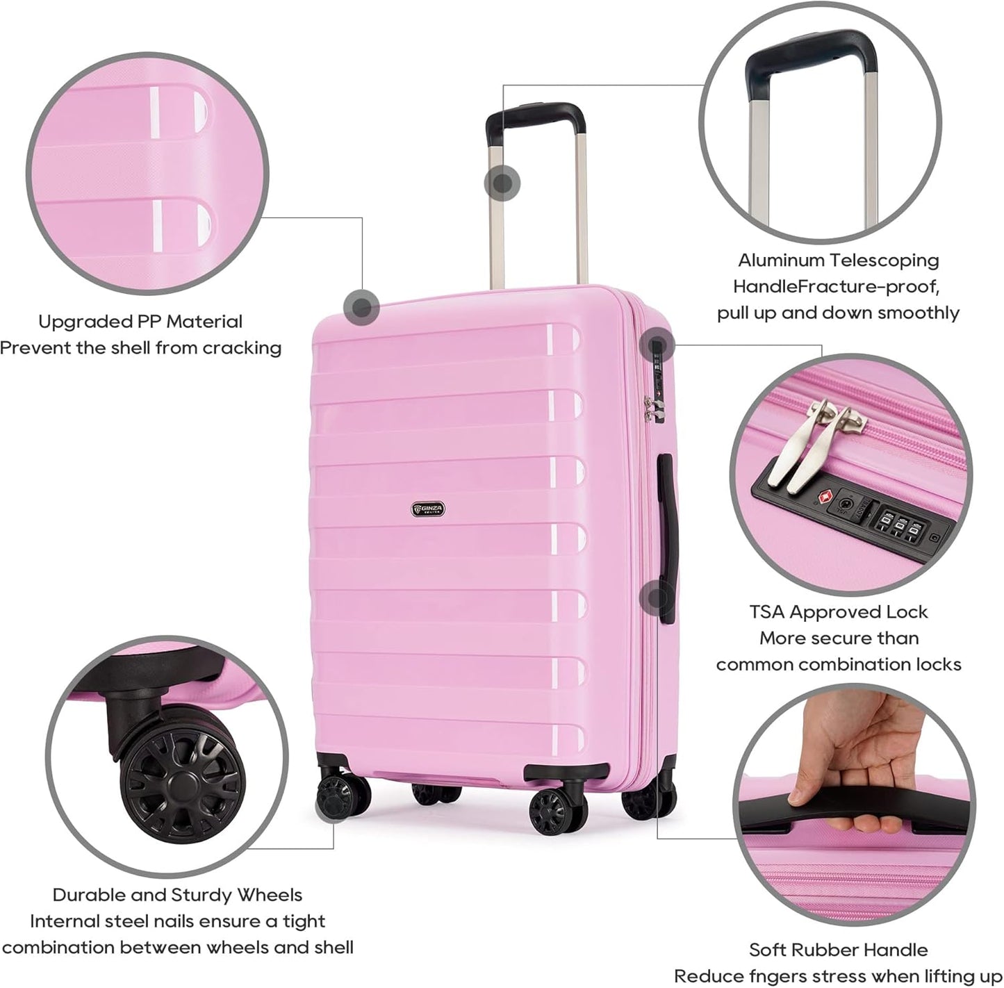 PP material 3-piece expandable luggage sets with Spinner Wheels， Suitcase with TSA Lock，Large Luggage for Family Travel carry on 20/24/28，Light pink color
