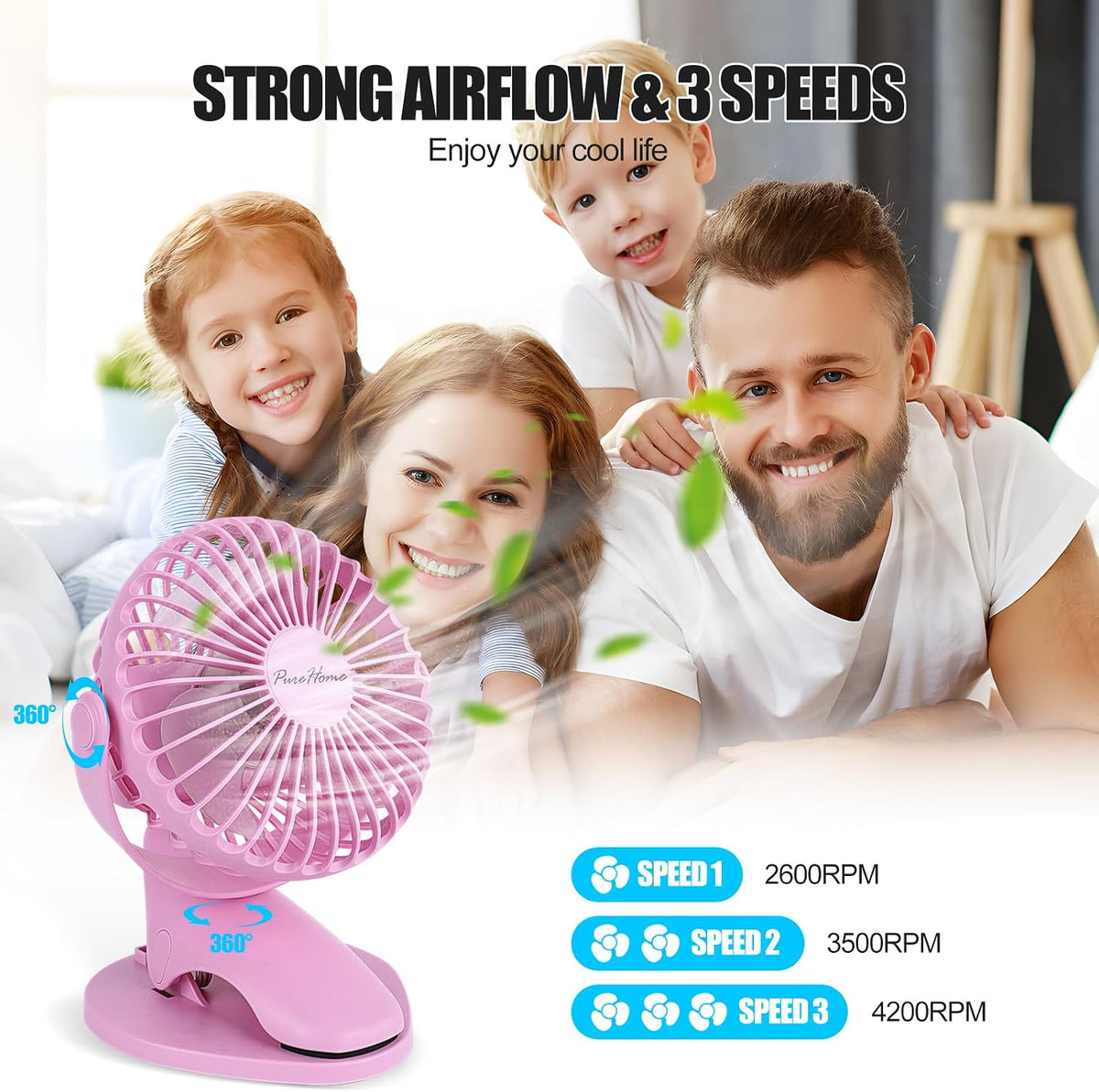 Portable Clip Fan Battery Operated,3 Speeds USB Rechargeable Mini Table Fan with Strong Airflow,360°Rotation Ultra Quiet Personal Desk Fan for Home Office Bedroom Dorm Stroller Camping- Pink