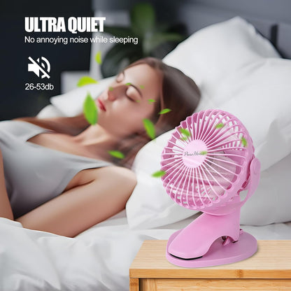 Portable Clip Fan Battery Operated,3 Speeds USB Rechargeable Mini Table Fan with Strong Airflow,360°Rotation Ultra Quiet Personal Desk Fan for Home Office Bedroom Dorm Stroller Camping- Pink