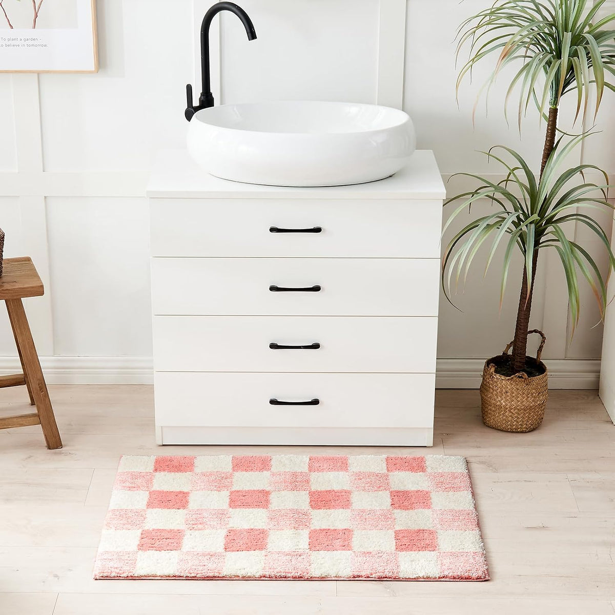 Blossom Pink Checkered Bath Mat 32"x20" Non Slip Washable Rug