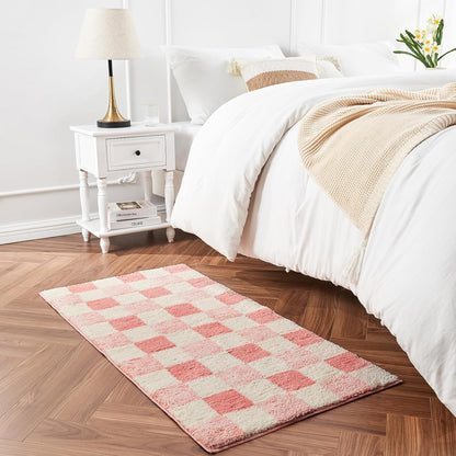 Blossom Pink Checkered Bath Mat 32"x20" Non Slip Washable Rug