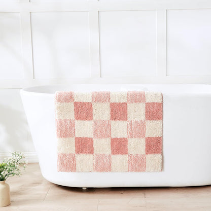 Blossom Pink Checkered Bath Mat 32"x20" Non Slip Washable Rug