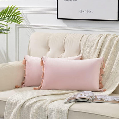 2 Pack Blush Pink Lumbar Decorative Throw Pillow Covers 12x20 Inch with Tassels for Living Room Couch Bedroom, Soft Velvet Solid Rectangle Cushion Case 30x50 cm, Boho Home Decor
