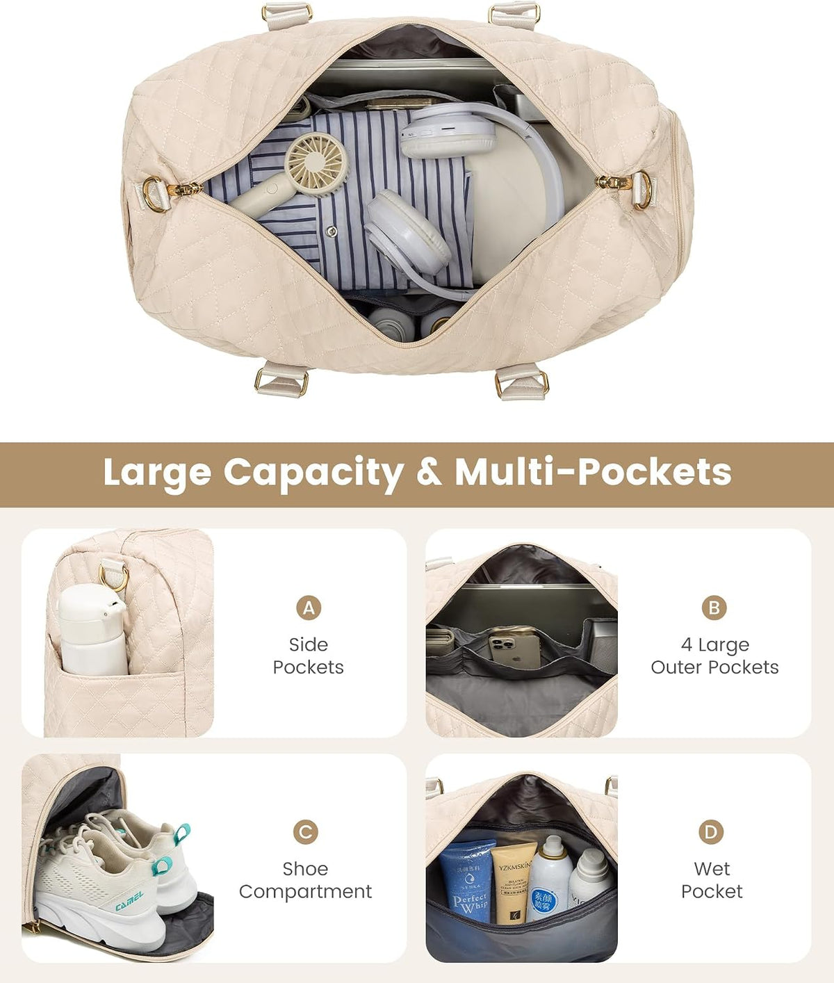 Travel Duffle Bag, Weekender Bag for Women with Toiletry Bag, Carry on Overnight Bag with Shoe Compartment, Gym Duffel Bag with Wet Pocket, Mommy Hospital Bags for Labor and Delivery