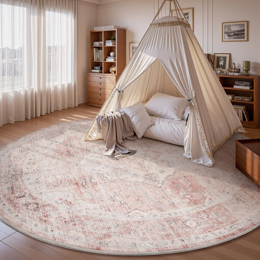 6FT Round Vintage Soft Pink Rug - Non Slip Circle Machine Washable Rug for Living Room, Bedroom, Office Under Table
