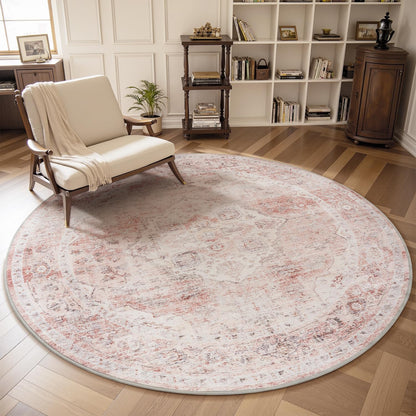 6FT Round Vintage Soft Pink Rug - Non Slip Circle Machine Washable Rug for Living Room, Bedroom, Office Under Table