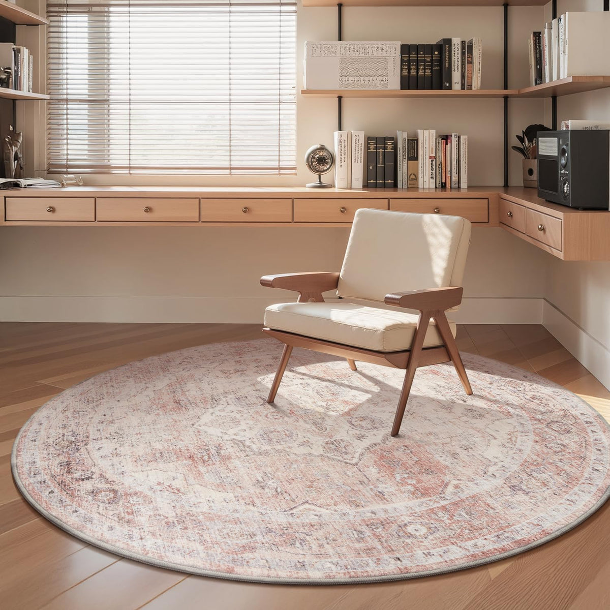 6FT Round Vintage Soft Pink Rug - Non Slip Circle Machine Washable Rug for Living Room, Bedroom, Office Under Table