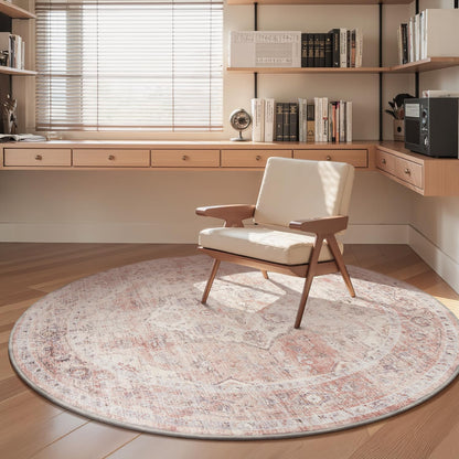 6FT Round Vintage Soft Pink Rug - Non Slip Circle Machine Washable Rug for Living Room, Bedroom, Office Under Table