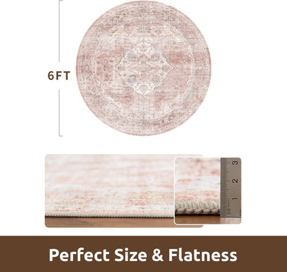 6FT Round Vintage Soft Pink Rug - Non Slip Circle Machine Washable Rug for Living Room, Bedroom, Office Under Table