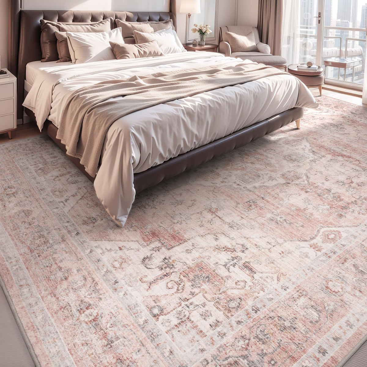 6FT Round Vintage Soft Pink Rug - Non Slip Circle Machine Washable Rug for Living Room, Bedroom, Office Under Table