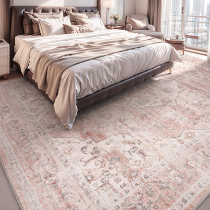 6FT Round Vintage Soft Pink Rug - Non Slip Circle Machine Washable Rug for Living Room, Bedroom, Office Under Table