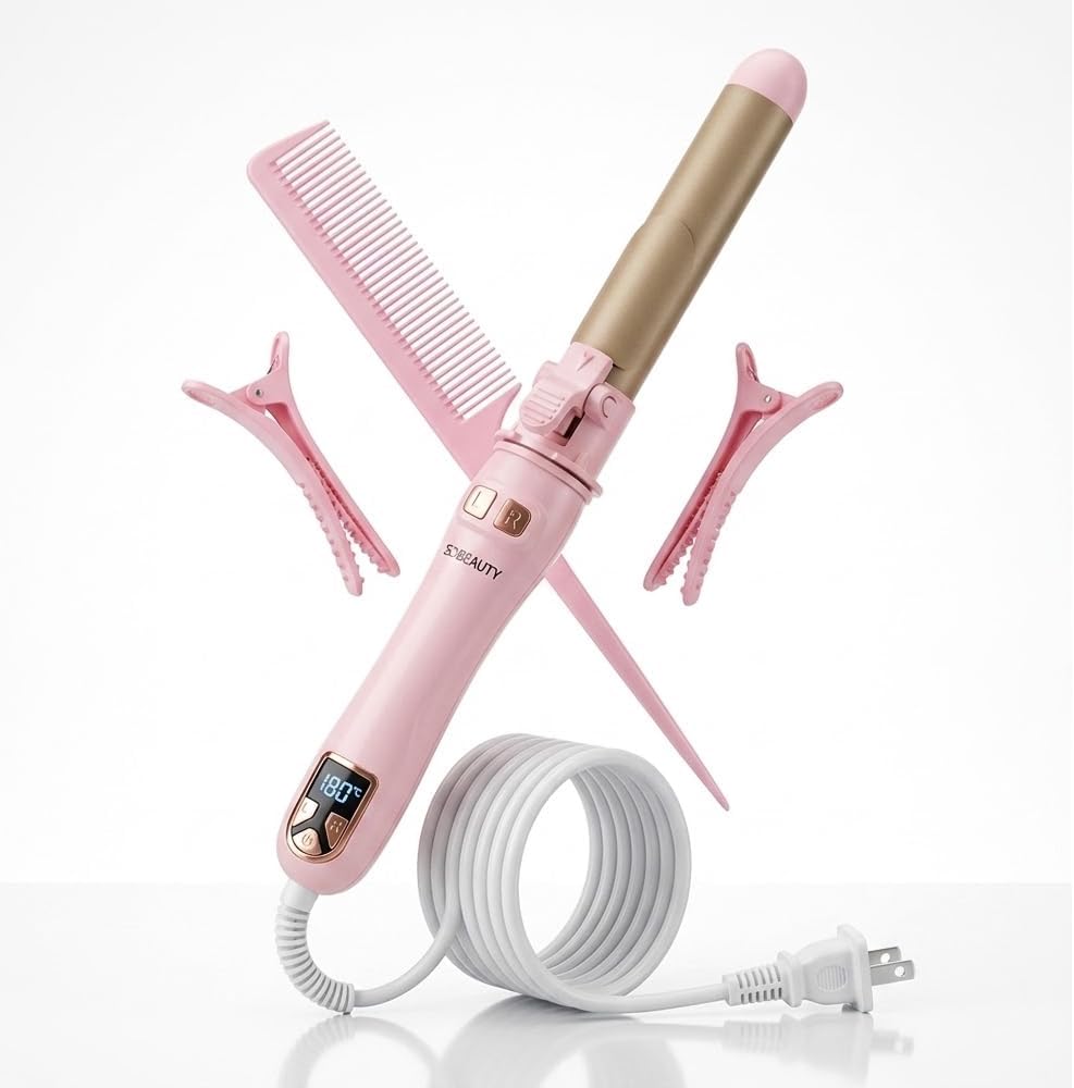 SdBeauty 1 Inch Automatic Rotating Curling Iron – Ceramic Barrel, Adjustable Heat, Pink & Gold – Creates Smooth, Long-Lasting Waves Without Pulling or Tangling