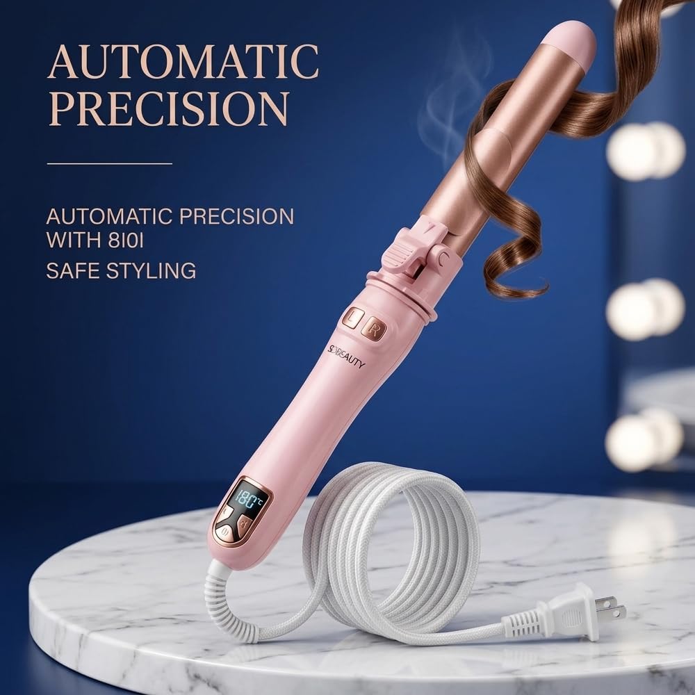 SdBeauty 1 Inch Automatic Rotating Curling Iron – Ceramic Barrel, Adjustable Heat, Pink & Gold – Creates Smooth, Long-Lasting Waves Without Pulling or Tangling