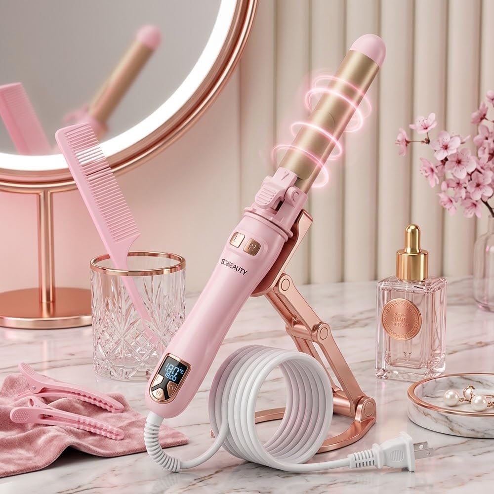 SdBeauty 1 Inch Automatic Rotating Curling Iron – Ceramic Barrel, Adjustable Heat, Pink & Gold – Creates Smooth, Long-Lasting Waves Without Pulling or Tangling