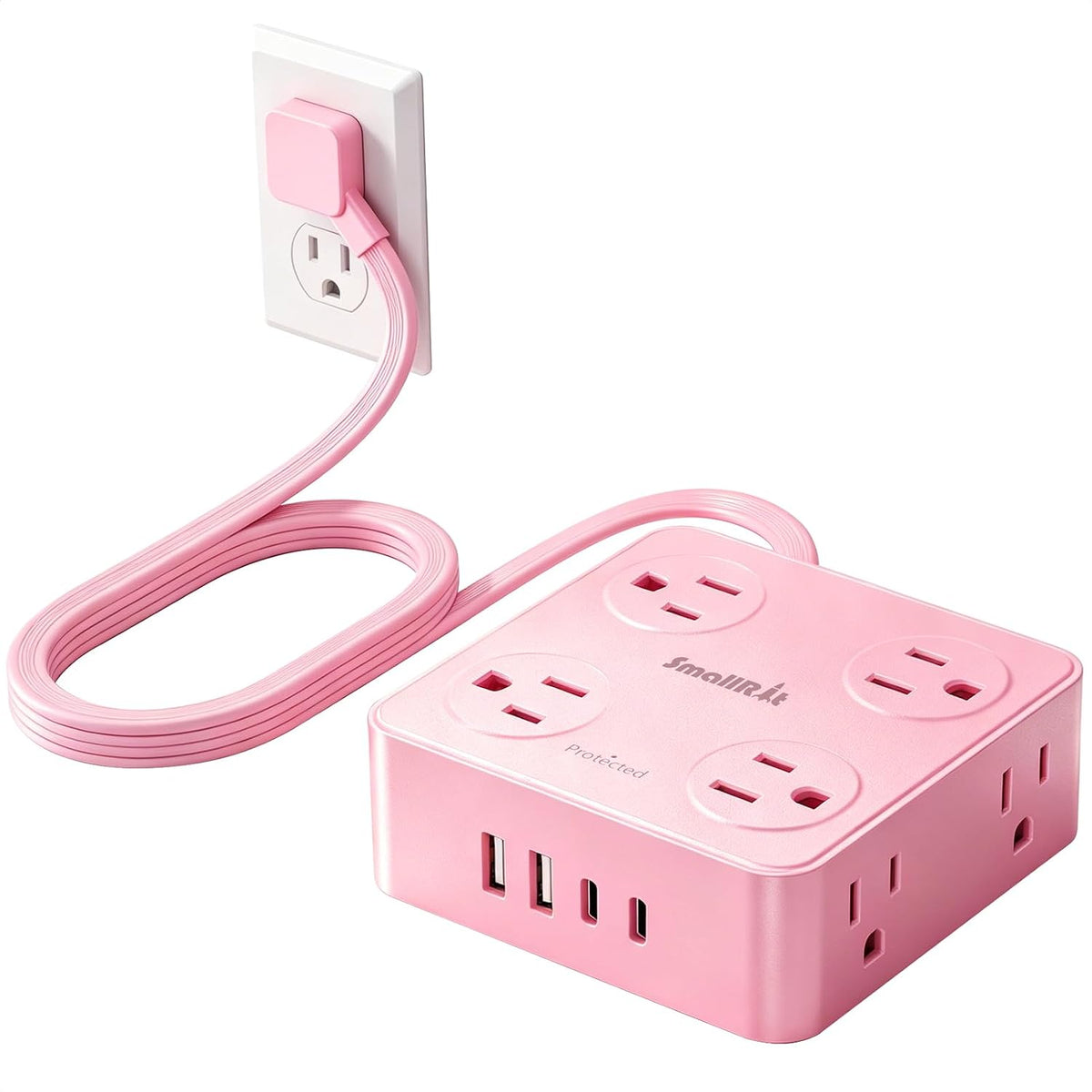 Extension Cord with Multiple Outlets, Power Strips, 6.5FT Flat Plug Power Strip with USB Ports, 8 Outlets, Outlet Extender Outlet for Home Office, Pink