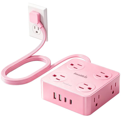 Extension Cord with Multiple Outlets, Power Strips, 6.5FT Flat Plug Power Strip with USB Ports, 8 Outlets, Outlet Extender Outlet for Home Office, Pink