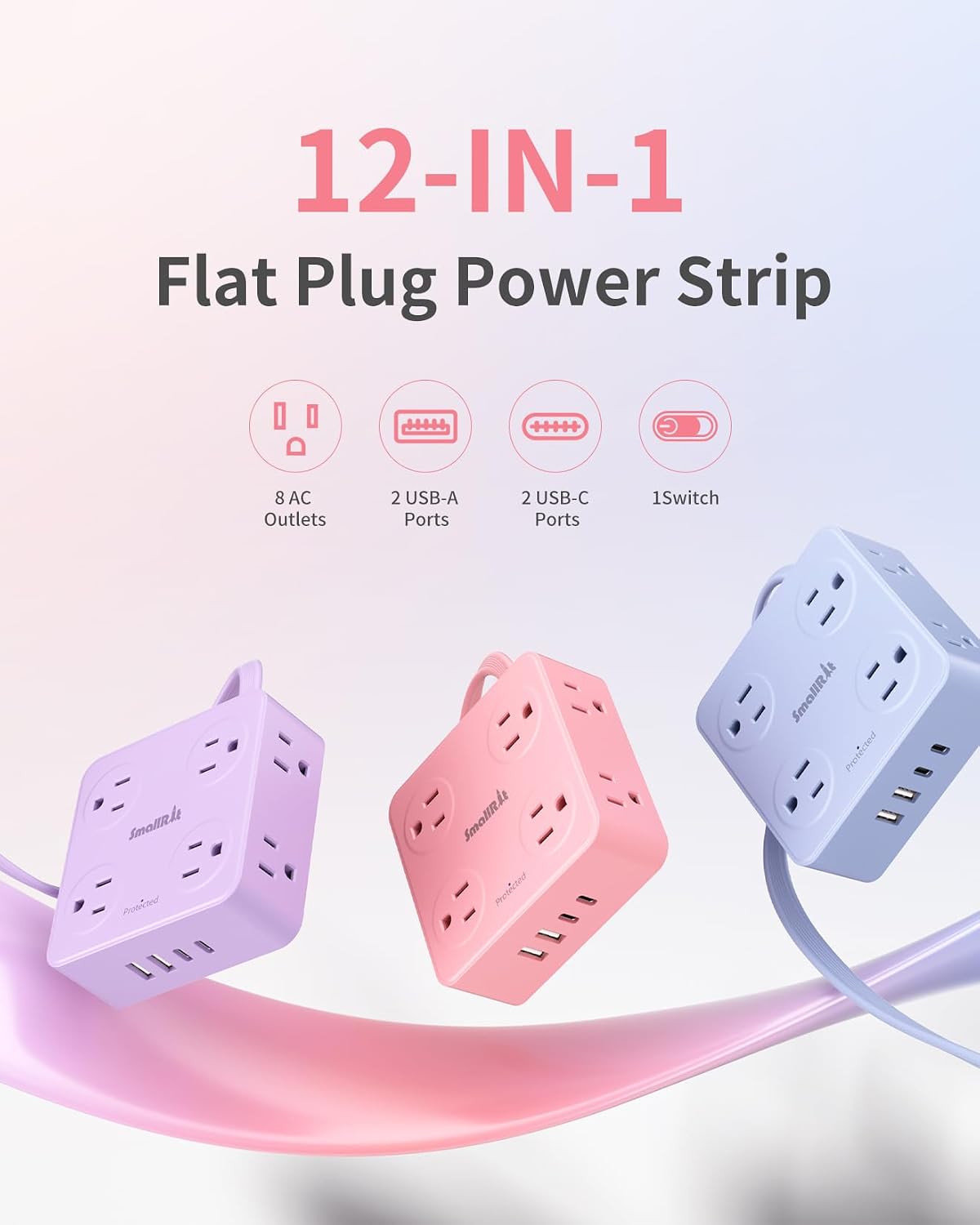Extension Cord with Multiple Outlets, Power Strips, 6.5FT Flat Plug Power Strip with USB Ports, 8 Outlets, Outlet Extender Outlet for Home Office, Pink
