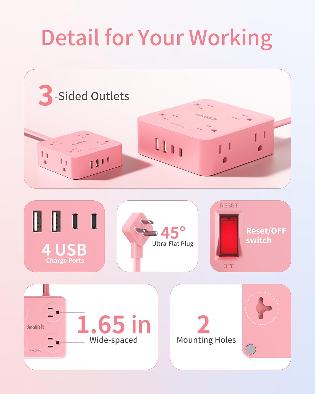 Extension Cord with Multiple Outlets, Power Strips, 6.5FT Flat Plug Power Strip with USB Ports, 8 Outlets, Outlet Extender Outlet for Home Office, Pink