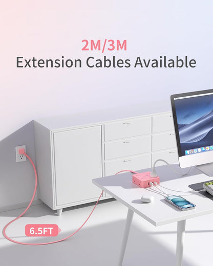 Extension Cord with Multiple Outlets, Power Strips, 6.5FT Flat Plug Power Strip with USB Ports, 8 Outlets, Outlet Extender Outlet for Home Office, Pink