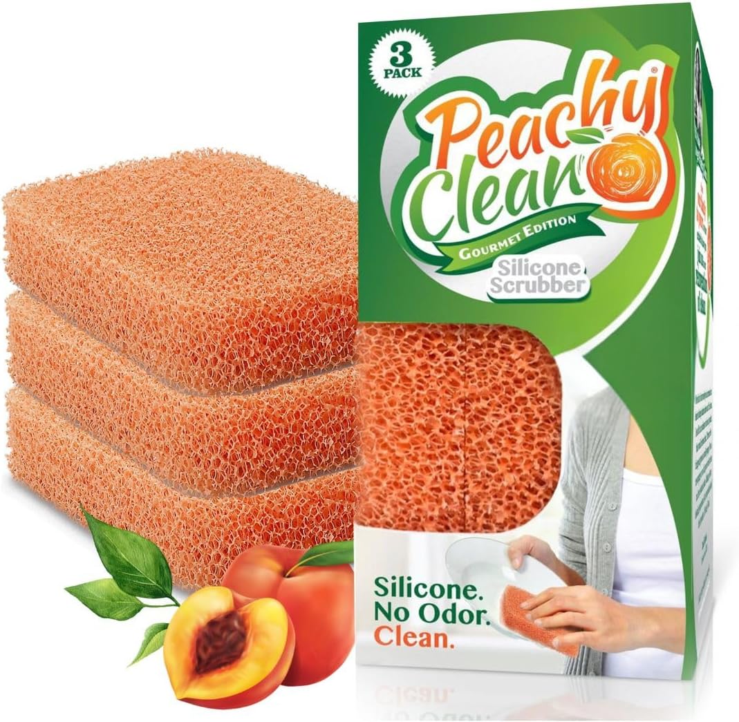 Silicone Dish Sponge Scrubbers, Fresh Peach Scent, Non-Scratch, Odor-Resistant, Durable Dish Sponges for Kitchen 3pk