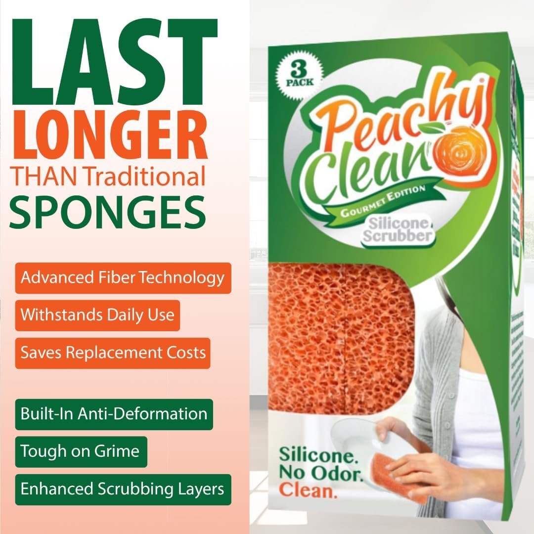 Silicone Dish Sponge Scrubbers, Fresh Peach Scent, Non-Scratch, Odor-Resistant, Durable Dish Sponges for Kitchen 3pk