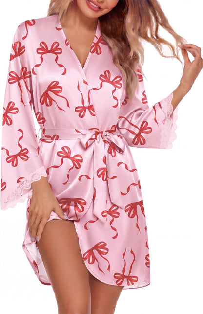 Silk Robes for Women Short Satin Robe 3/4 Sleeves Kimono Bathrobe