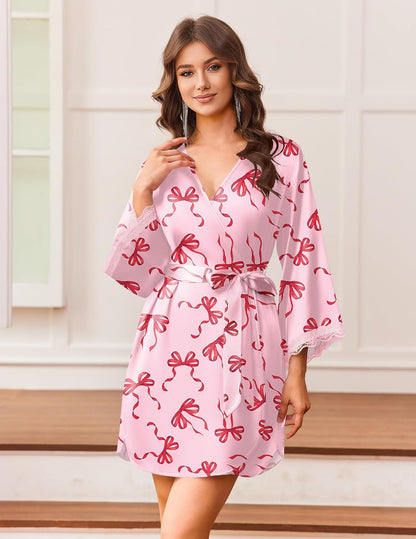 Silk Robes for Women Short Satin Robe 3/4 Sleeves Kimono Bathrobe