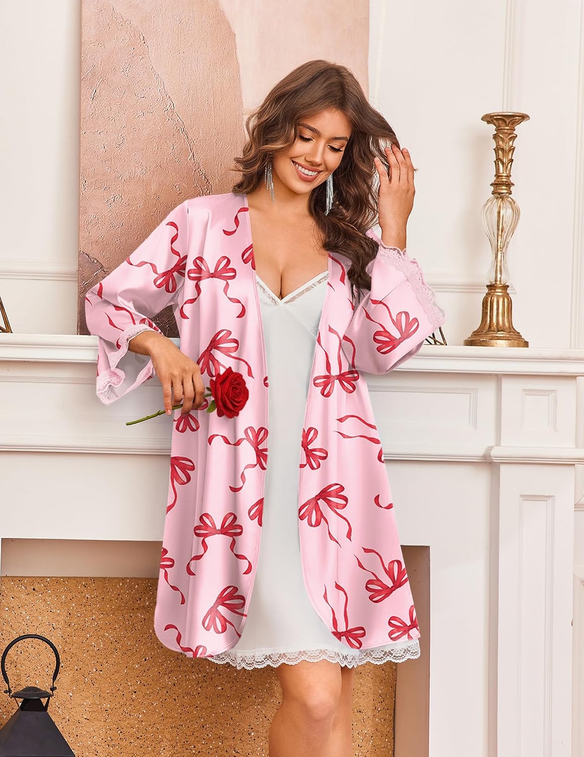Silk Robes for Women Short Satin Robe 3/4 Sleeves Kimono Bathrobe