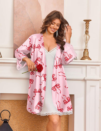 Silk Robes for Women Short Satin Robe 3/4 Sleeves Kimono Bathrobe