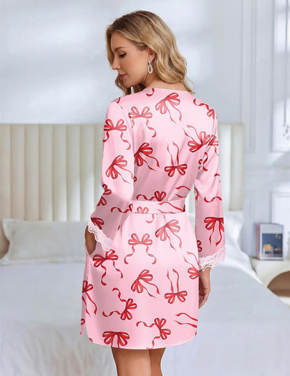 Silk Robes for Women Short Satin Robe 3/4 Sleeves Kimono Bathrobe