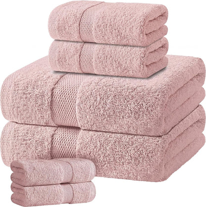Pink Bath Towel Set of 6-100% Cotton Highly Absorbent Towels for Bathroom, 2 Luxury Bath Towels 650GSM, 2 Hand Towels, 2 Washcloths