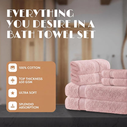 Pink Bath Towel Set of 6-100% Cotton Highly Absorbent Towels for Bathroom, 2 Luxury Bath Towels 650GSM, 2 Hand Towels, 2 Washcloths