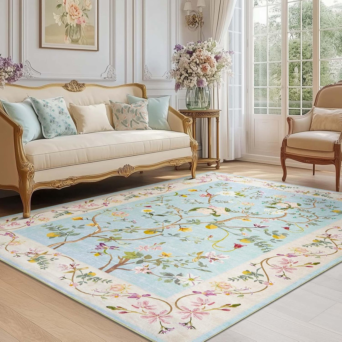 4x6 Washable Living Room Area Rug, Chinoiserie Floral, Blue/Pink