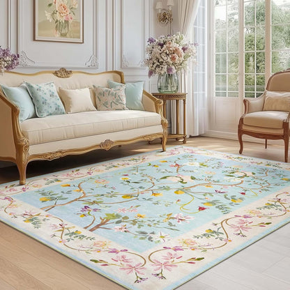 4x6 Washable Living Room Area Rug, Chinoiserie Floral, Blue/Pink