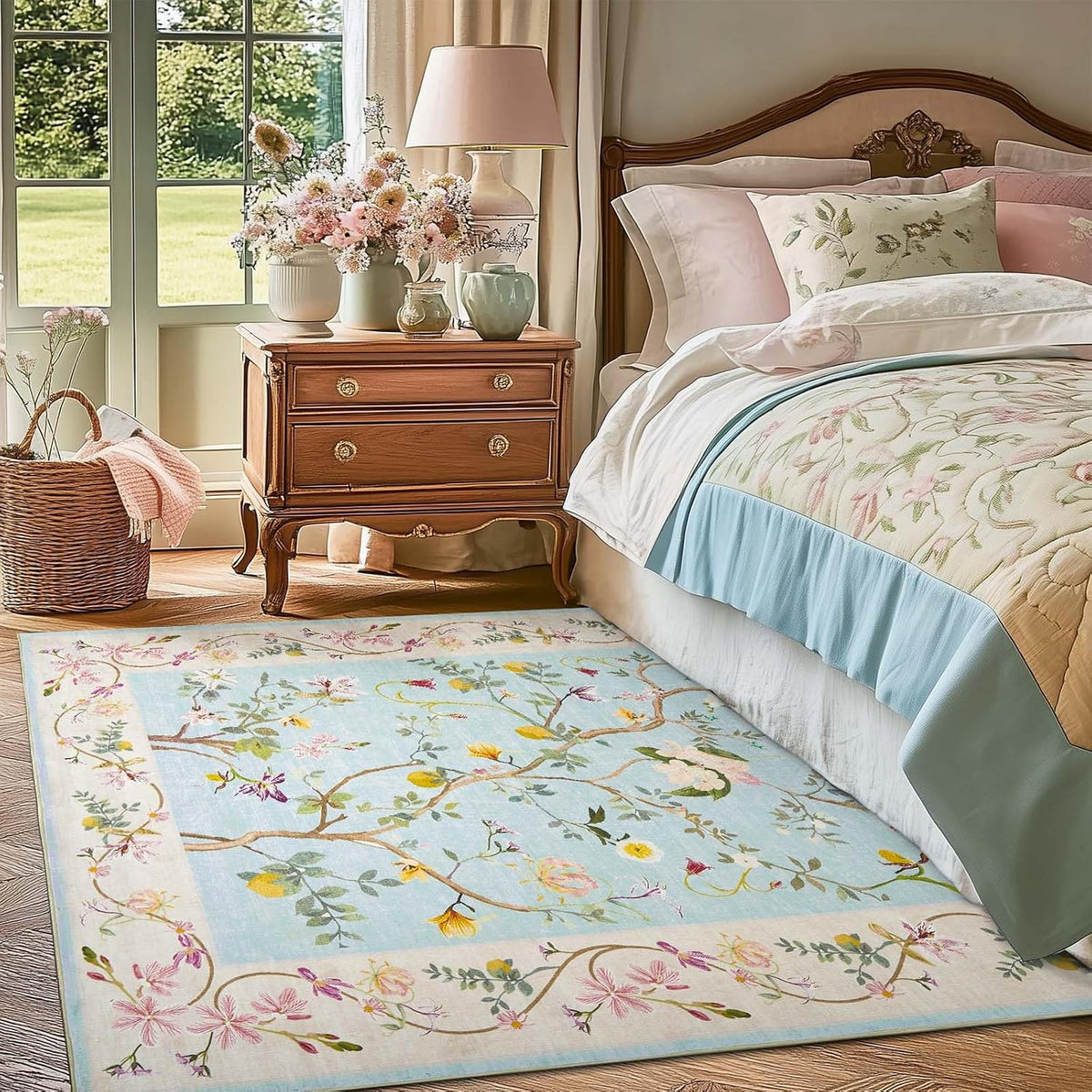 4x6 Washable Living Room Area Rug, Chinoiserie Floral, Blue/Pink