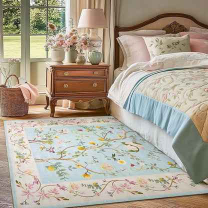 4x6 Washable Living Room Area Rug, Chinoiserie Floral, Blue/Pink
