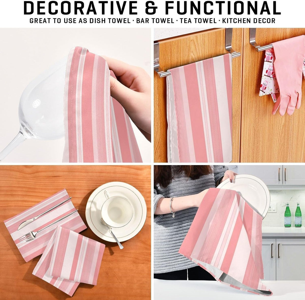 Pastel Pink Stripes Artistic Spring Kitchen Dish Towel Set Decorative Hand Tea Towels Cute Dish Cloths Thin Quick Drying 18 x 28 Inch, 4 Packs