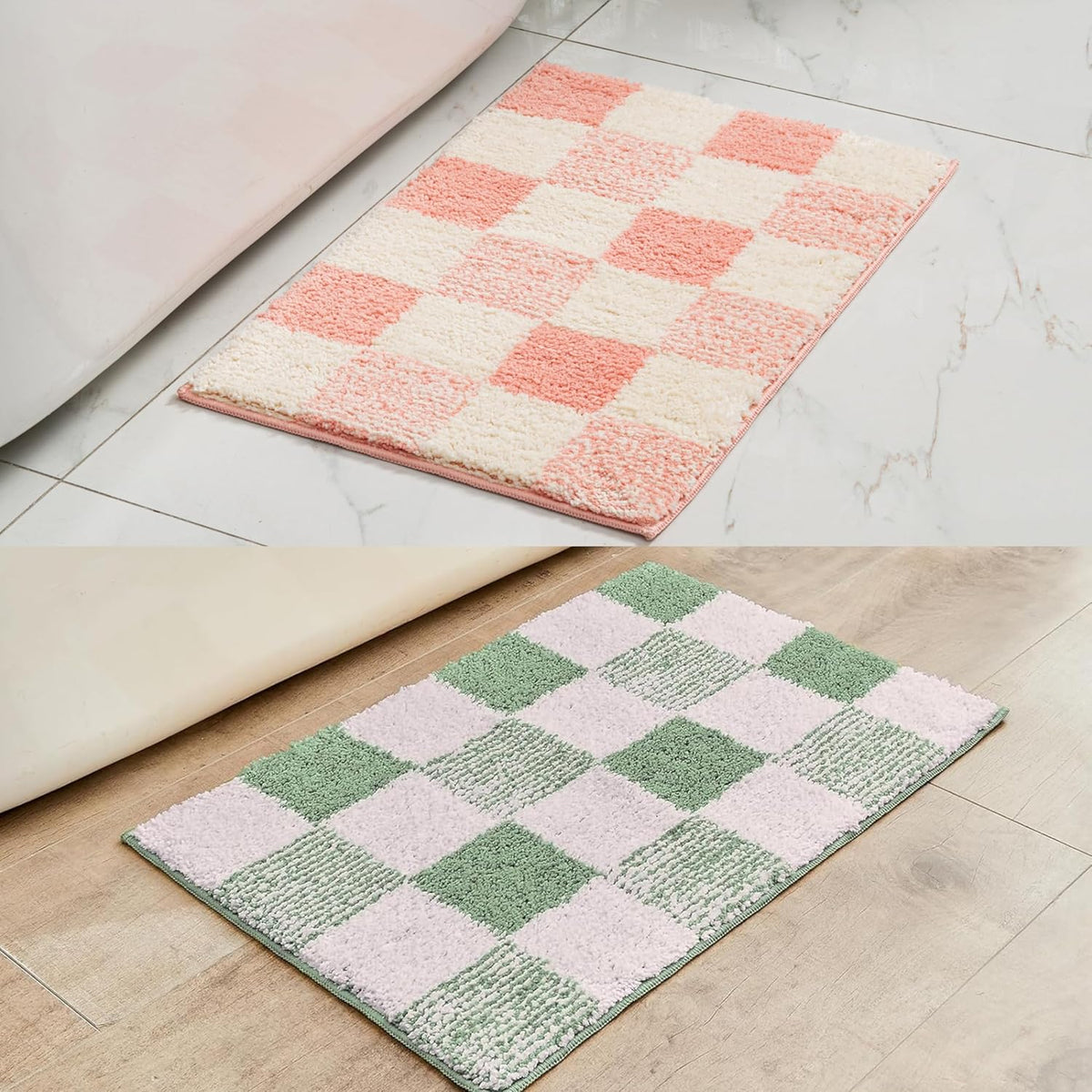 Checkered Bath mats for Bathroom Non Slip, Fluffy Absorbent Microfiber Bath mat Washable, Aesthetic Bathroom Rugs, Cute Bath mat Set for Shower Sink, Pink Plus Green, 24" x 16