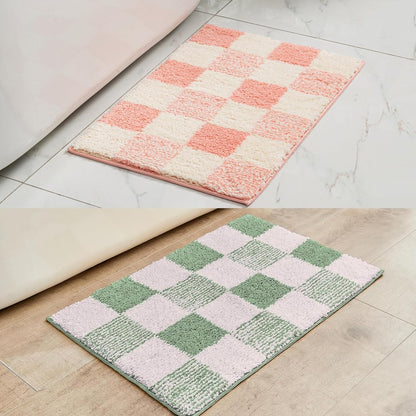 Checkered Bath mats for Bathroom Non Slip, Fluffy Absorbent Microfiber Bath mat Washable, Aesthetic Bathroom Rugs, Cute Bath mat Set for Shower Sink, Pink Plus Green, 24" x 16