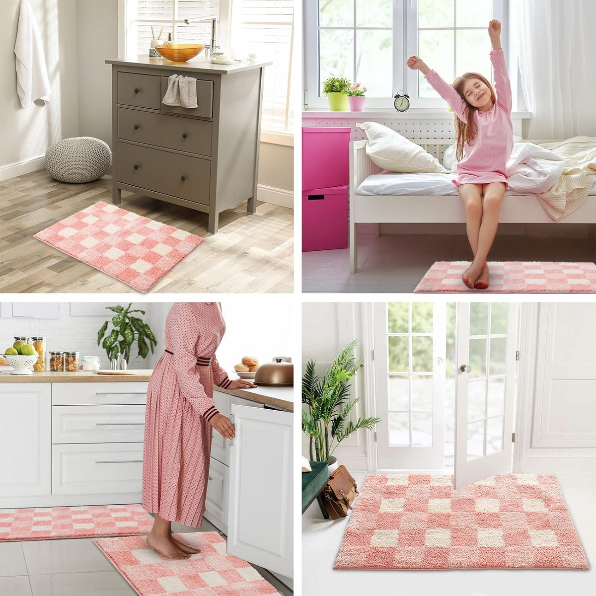 Checkered Bath mats for Bathroom Non Slip, Fluffy Absorbent Microfiber Bath mat Washable, Aesthetic Bathroom Rugs, Cute Bath mat Set for Shower Sink, Pink Plus Green, 24" x 16