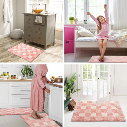 Checkered Bath mats for Bathroom Non Slip, Fluffy Absorbent Microfiber Bath mat Washable, Aesthetic Bathroom Rugs, Cute Bath mat Set for Shower Sink, Pink Plus Green, 24" x 16