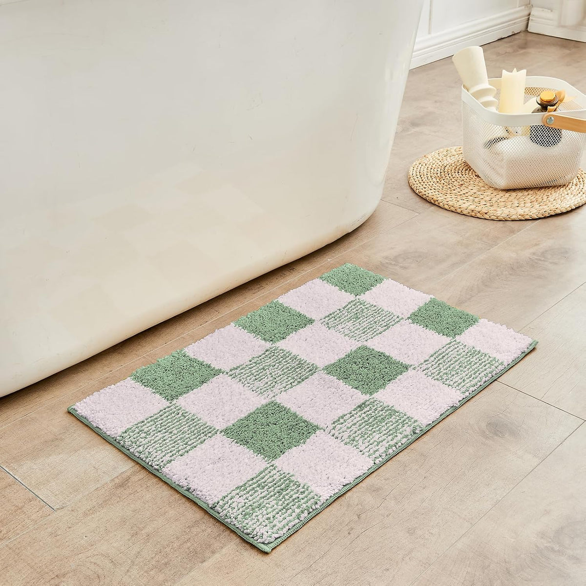 Checkered Bath mats for Bathroom Non Slip, Fluffy Absorbent Microfiber Bath mat Washable, Aesthetic Bathroom Rugs, Cute Bath mat Set for Shower Sink, Pink Plus Green, 24" x 16