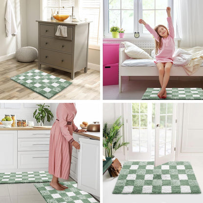 Checkered Bath mats for Bathroom Non Slip, Fluffy Absorbent Microfiber Bath mat Washable, Aesthetic Bathroom Rugs, Cute Bath mat Set for Shower Sink, Pink Plus Green, 24" x 16