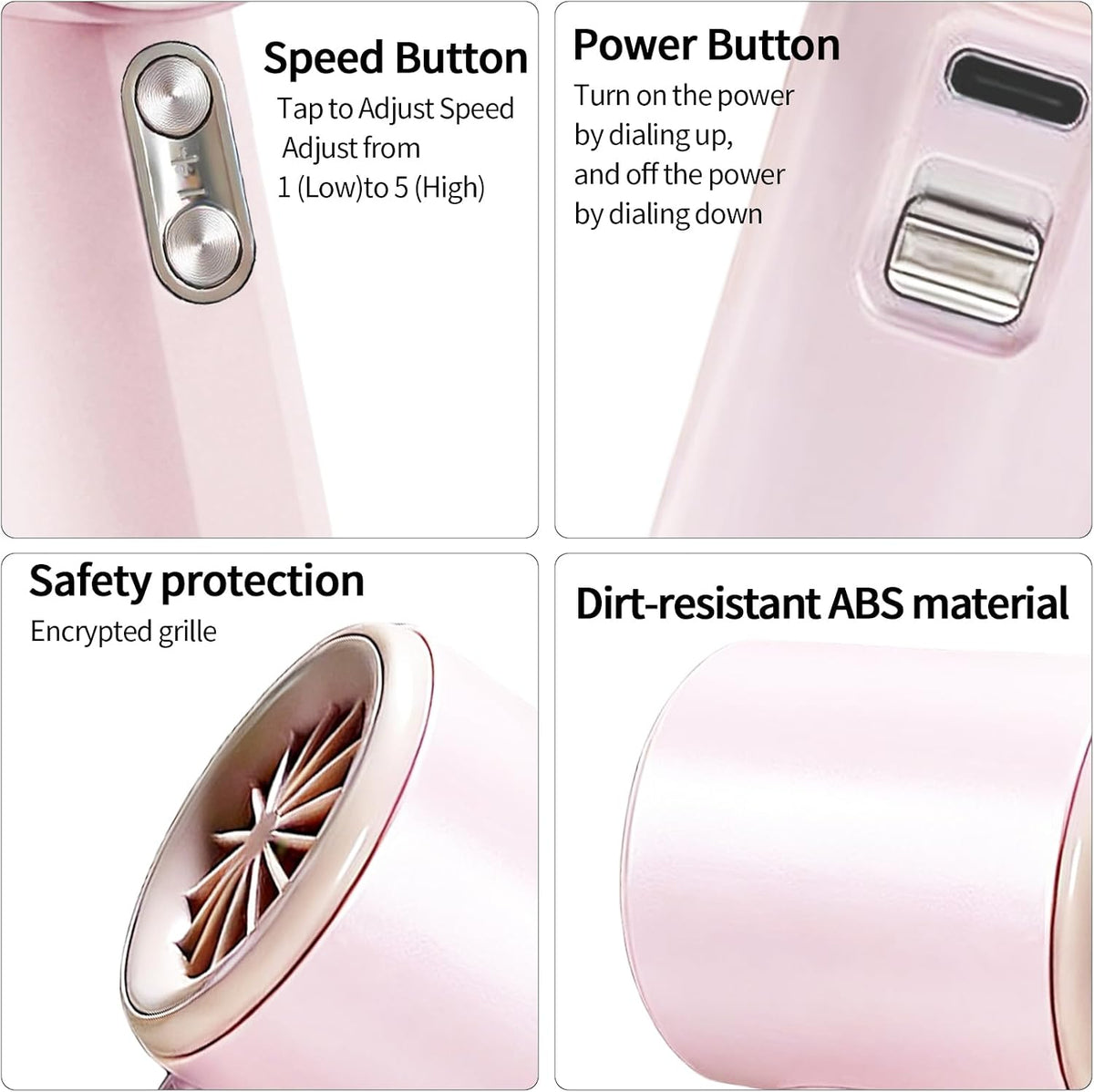 Berttinfn Portable Handheld Fan for Outdoor-Turbo Power High Speed Air, 5 Gear Wind, Rechargeable Fan for Travel- Pink Portable Handheld Turbo Fan with Digital Display, Gifts for Outdoor, Makeup