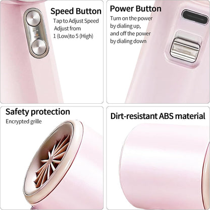 Berttinfn Portable Handheld Fan for Outdoor-Turbo Power High Speed Air, 5 Gear Wind, Rechargeable Fan for Travel- Pink Portable Handheld Turbo Fan with Digital Display, Gifts for Outdoor, Makeup