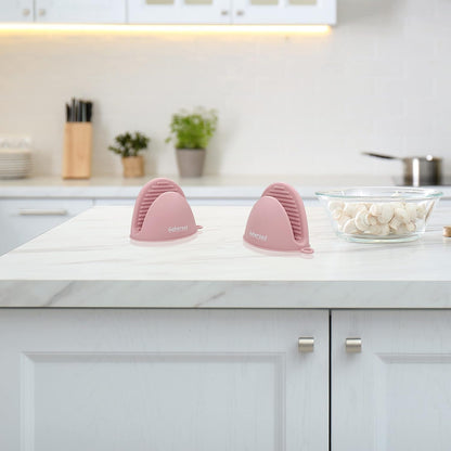 Thickened Mini Silicone Oven Mitts Heat Resistant as Hot Pot Holder, Baking Holder, Rubber Oven Gloves, Finger Pinch Grips, Potholder Mitts for Kitchen Cooking, 1 Pair, Macaron Pink