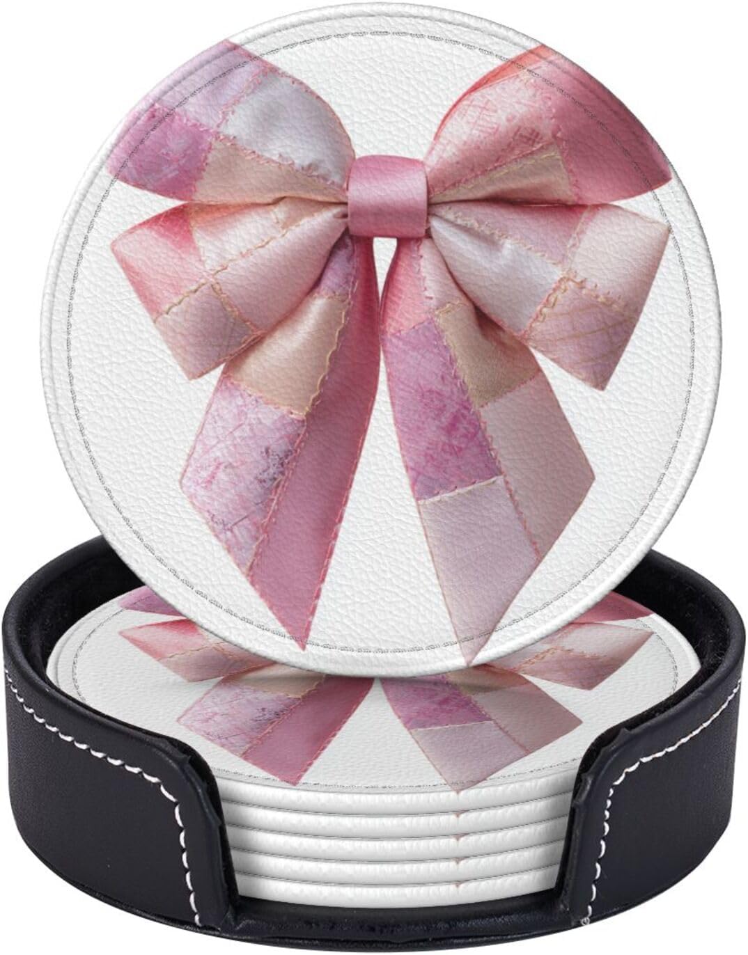 Light Pink Bow Balloon Patchwork Embroidery Premium Leather Coasters, Set of 6 with Holder, Stylish Beverage Coasters for Kitchen Coffee Bar