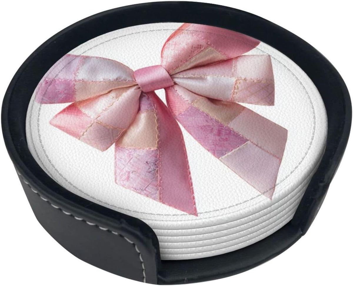 Light Pink Bow Balloon Patchwork Embroidery Premium Leather Coasters, Set of 6 with Holder, Stylish Beverage Coasters for Kitchen Coffee Bar